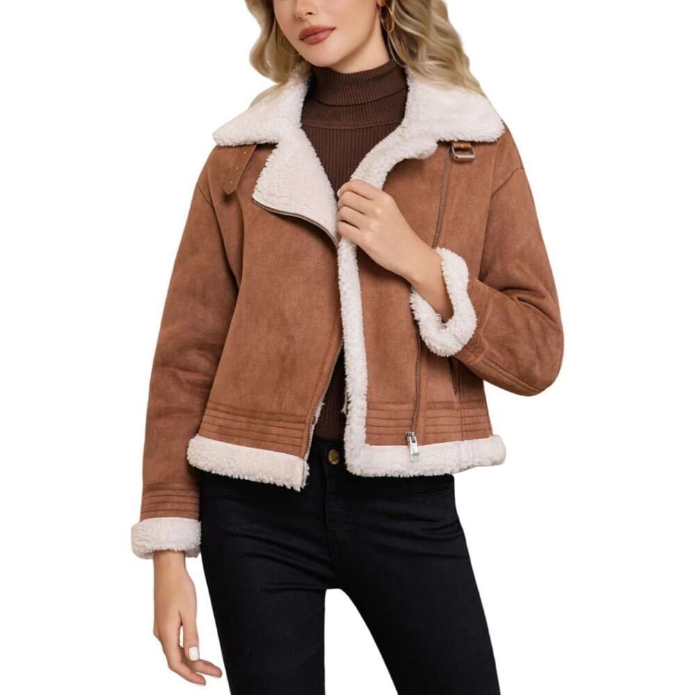 Women's Dark Brown Fur Winter Coat Warm Thick Fur Lined Faux Leather Jacket